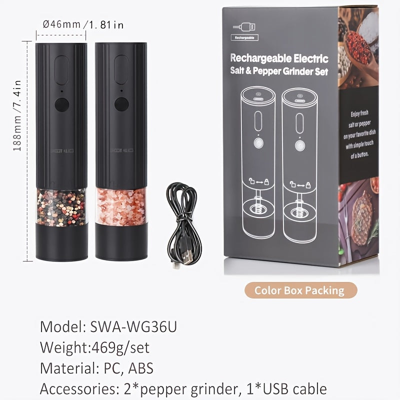 2pcs Electric Pepper and Salt Grinder Set - Rechargeable Salt & Pepper Grinders with One- Automatic Operation, Adjustable Coarseness/Fineness, -Free (No Batteries Required), Compact & Dining Table, Suitable for Pepper and Salt Grinding