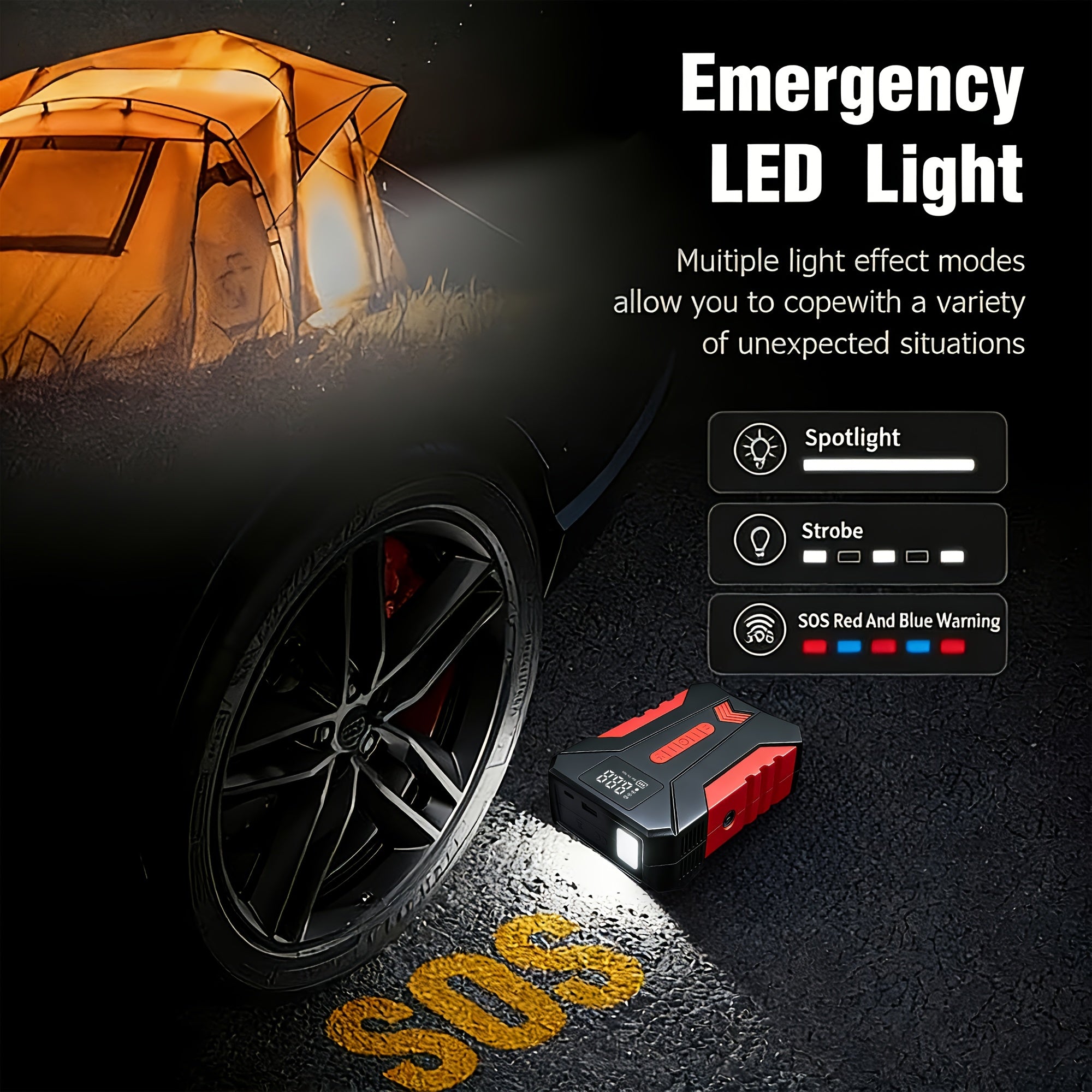 13000A Portable Emergency Startup Power Supply with Air Pump 150 PSI Digital LCD Portable Power Supply Type-C Fast Charging Intelligent Clamps 14.8V (Allgas/7.99 L Of Diesel) Quick Start Vehicle Emergency Startup And Air Pump Integrated Machine