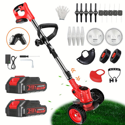 21V Battery Powered Electric Lawn Mower, Handheld Multi-Function Mower, Grass Trimmer with Two Batteries And Chargers, Three Blades And Training Wheels, Lawn Care And Garden Yard Work Tools