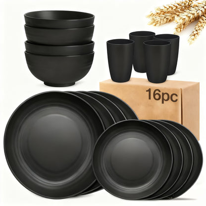 16/32pcs Modern Black Plastic Dinnerware - Shatterproof Wheat Straw Cutlery with Dinner And Dessert Plates, Bowls, Cups - Lightweight, Unbreakable, Dishwasher And Microwave Safe - for Camping And Daily Use