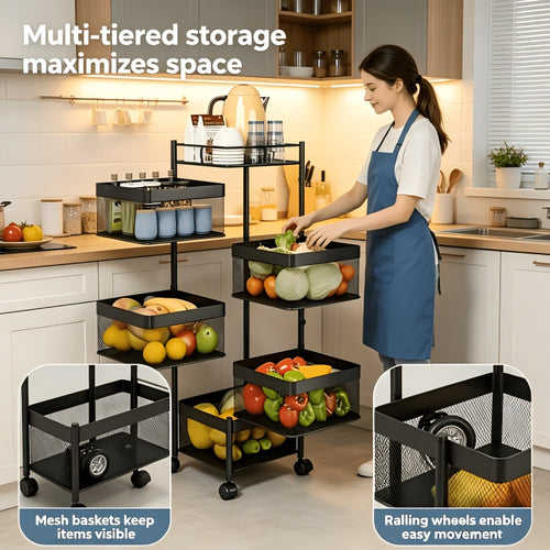 Kitchen Organizers And Storage Multifunctional Floor-standing Trolley 1pc 5-Tier Rotating Kitchen Storage Rack Floor-Standing & Movable Multi-Layer Organizer for Snacks Fruits Vegetables Aussie Kitchen Organization Essential Festive Practical
