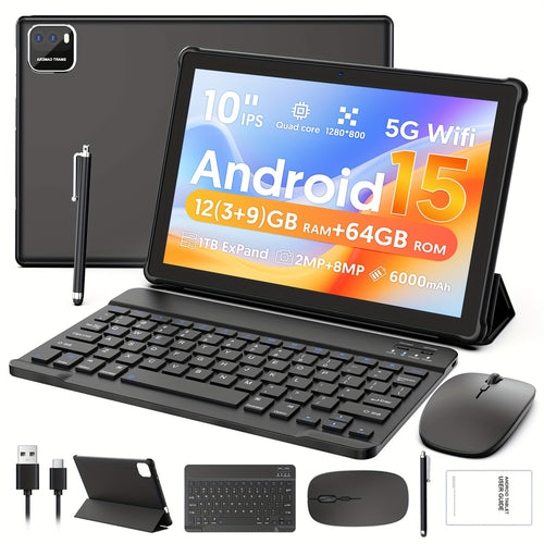 Android 15 Tablet, 10 Inch Tablets, 4 Core CPU, 12(3+9 Expansion)GB+64GB+1TB Expansion, 1280x800 HD IPS Display Screen, Wi-Fi6, 2.0+8.0MP Dual Camera, 6000mAh Battery Tablet PC, Options: Tablet+protective Case/tablet With Keyboard+mouse+protective C