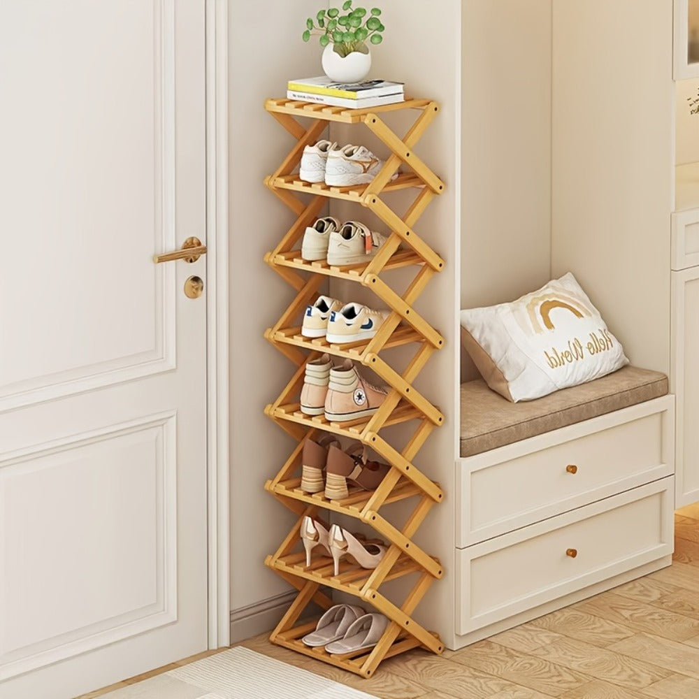 Foldable Bamboo Shoe Rack – No-Assembly Narrow Storage – close-up product details