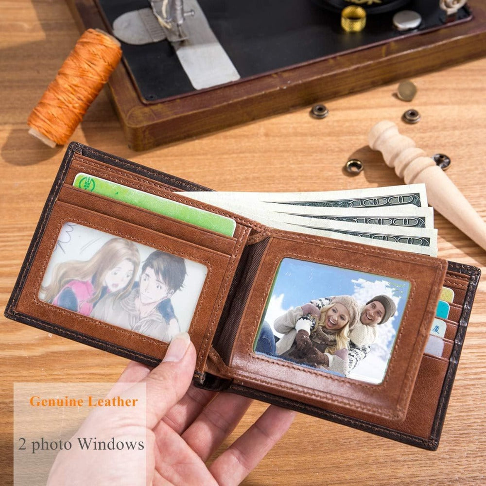 Slim RFID Leather Wallet for Men – Bifold with Dual ID Windows – close-up product details