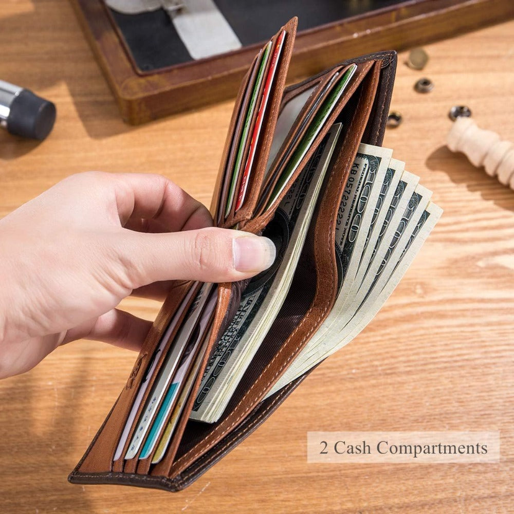 Slim RFID Leather Wallet for Men – Bifold with Dual ID Windows – feature reference