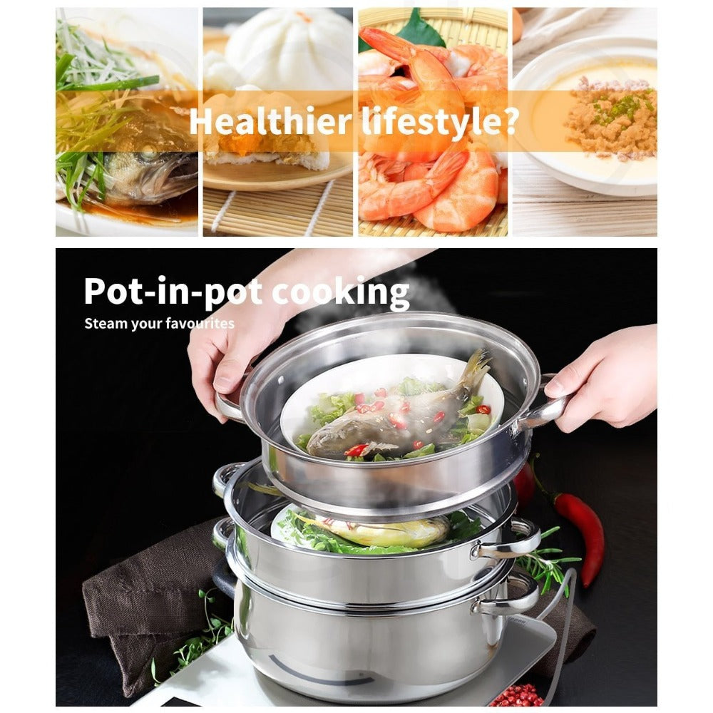 Stainless Steel Multi-Tier Steaming Pot - vegetables, seafood and – close-up product details